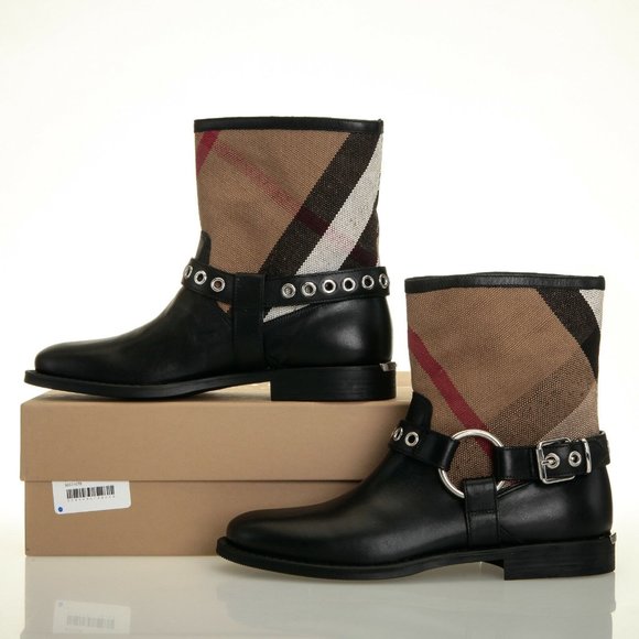 Burberry Queenstead Black Check Leather Bootie Boots - Size 5.5 US (35.5 EU) - Picture 2 of 6